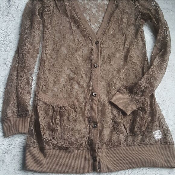 Lace Button Down Brown Cardigan Women’s Size XS - Picture 1 of 6